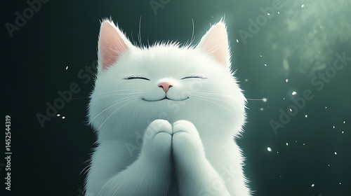 A white cat with closed eyes and paws together in a dark background with sparkles