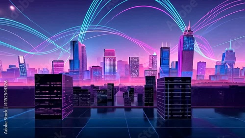 Futuristic cityscape at dawn with vibrant neon lines
