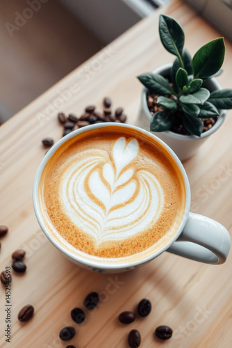 Delicious Latte Art on Wooden Table