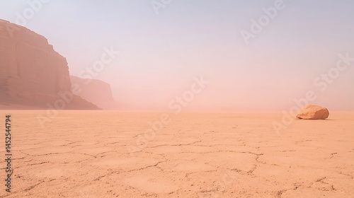 Vast Rocky Desert Landscape with Distant Sandstorm and Muted Tones
