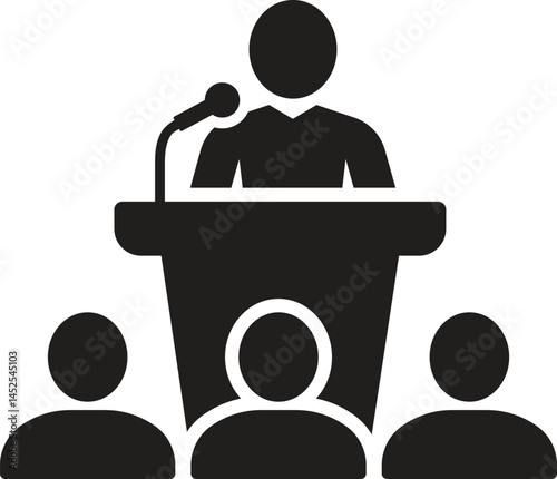 Minimalist Black and White Icon of Public Speaker at Podium with Audience
