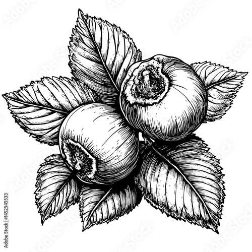 Vintage woodcut engraving, hazelnuts, black sketch, old engraving, vector nut art, hand drawn hazelnut, retro botanical drawing, food sketch vector, engraved organic nut illustration,