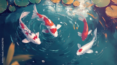 Illustrated pond scene with koi fish looping calmly in circle motion 