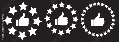 Customer review rating with 5 stars and thumb up feedback. Five star rating badge, review rating icon on Black Background. EPS 10.