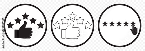 Thumb up with five stars line icons set of 3, representing a high rating or positive feedback. Perfect for review or Business marketing material. Satisfaction signs isolated on Transparent background.
