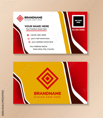 duoble sided identity card on horizontal layout. Elegance Red and Yellow Curved Business Card Template. white and yellow background.