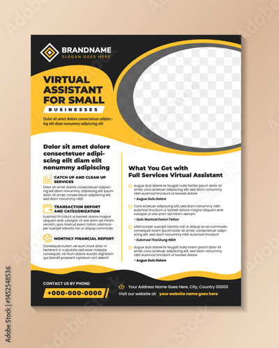 Editable Virtual Assistant for small businesses Flyer design template, One Page VA brochure with space for photo. white background combined with black and yellow color shapes of element.