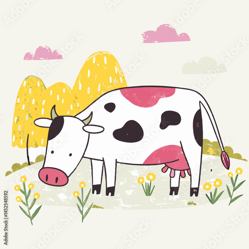 Cute cartoon cow grazing in a green meadow with colorful flowers and trees, representing pastoral life and nature.
