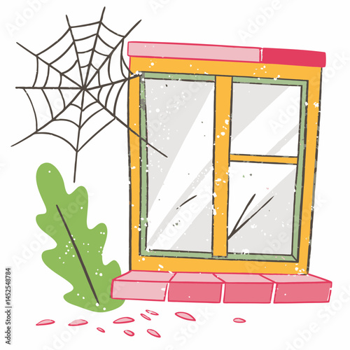 Illustration of a colorful window with a spider web and leaves, representing a rustic and seasonal atmosphere of nature and abandonment.