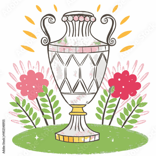 Elegant decorative vase surrounded by vibrant flowers, showcasing a cheerful and artistic style, symbolizing creativity and beauty in nature.
