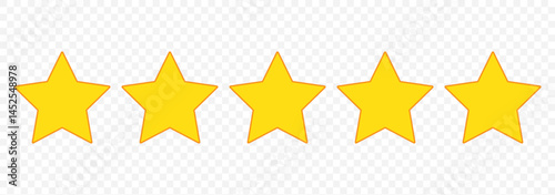 Five stars rating. Star icon. Feedback consumer or customer review evaluation banner, satisfaction level and critic icon concept. Vector illustration. Stars icon on Transparent Background. EPS 10.