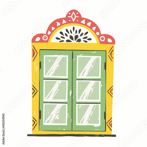 Colorful illustrated window design with intricate patterns representing vibrancy and culture, perfect for art and home decor inspiration.