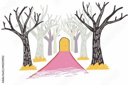 A whimsical path leading to a bright yellow door surrounded by bare trees and muted foliage, representing a journey into a fantasy world.