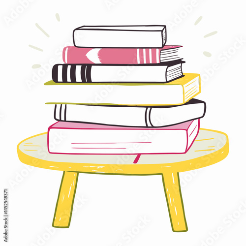 Colorful stack of books resting on a round table, representing knowledge, learning, and creativity in a cheerful setting.