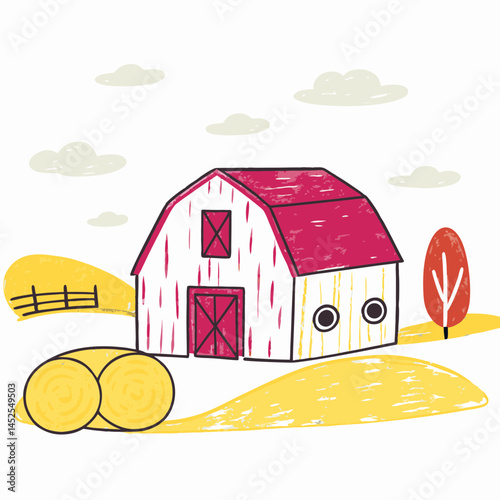 A red barn with hay bales on a hilly field, symbolizing rural life, autumn farming season, and cozy countryside agriculture
