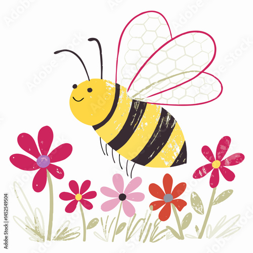 Happy bee flying among colorful flowers in a whimsical garden, representing pollination and nature's beauty.