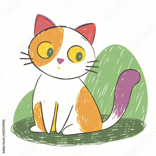 Cute cartoon cat looking curious in a whimsical style with soft colors representing playfulness and creativity.