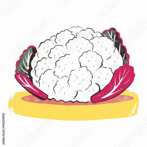 Colorful illustration of a cauliflower with vibrant leaves displayed on a plate, representing healthy eating and fresh produce.