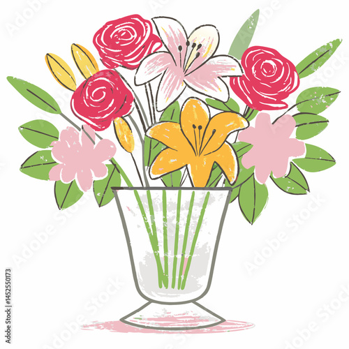 Colorful bouquet of flowers in a decorative vase representing joy and celebration in a cheerful, vibrant style, ideal for home decor or gifting.
