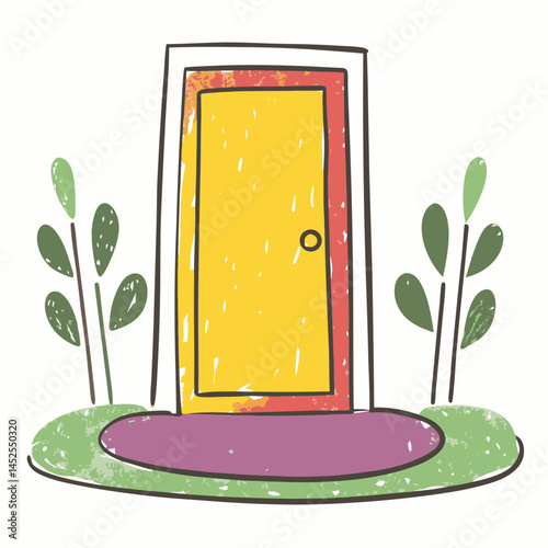 Colorful Door Illustration Surrounded by Greenery Symbolizing New Beginnings and Opportunities on a Natural Background
