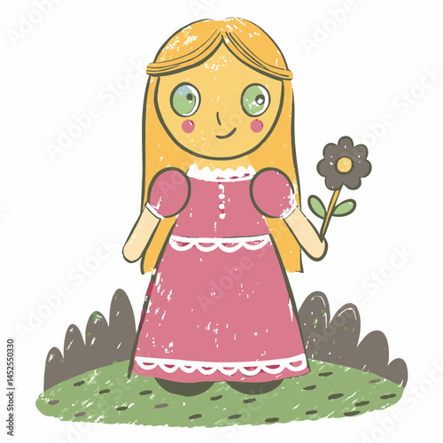 Cheerful girl smiling and holding a flower in a whimsical garden setting, representing innocence and joy in childhood.