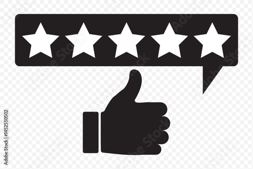 Customer review rating with 5 stars and thumb up feedback. Five star rating badge, review rating icon on Transparent Background. EPS 10.
