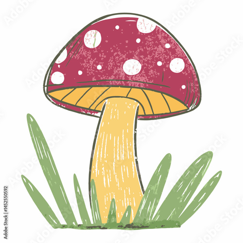 Vibrant red mushroom with white spots growing in lush green grass, representing nature's beauty and the whimsical allure of the forest.