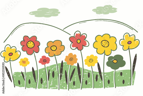 Colorful Flowers Blooming in a Green Field with Rolling Hills and Soft Clouds, Representing Nature's Beauty and Vibrancy