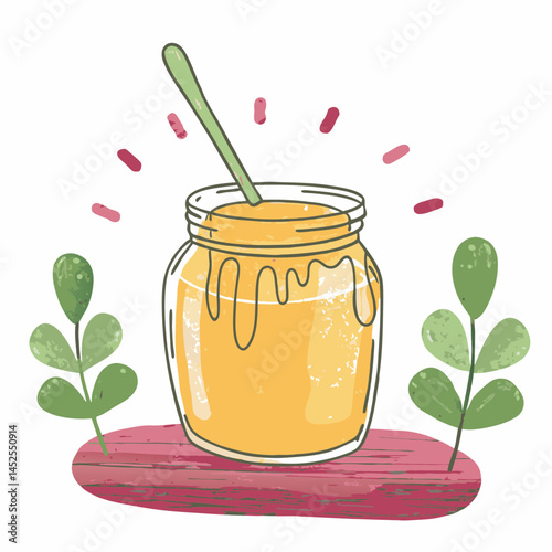 Delicious jar of honey with a dipper surrounded by green leaves on a vibrant background, symbolizing sweetness and nature's bounty.