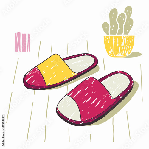 Colorful slippers resting on a wooden floor with a potted cactus in the background, symbolizing comfort and relaxation at home.