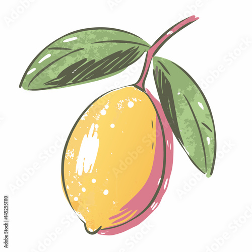 Vibrant lemon hanging on a branch with green leaves, symbolizing freshness and zest in a stylized illustration representing nature's bounty.