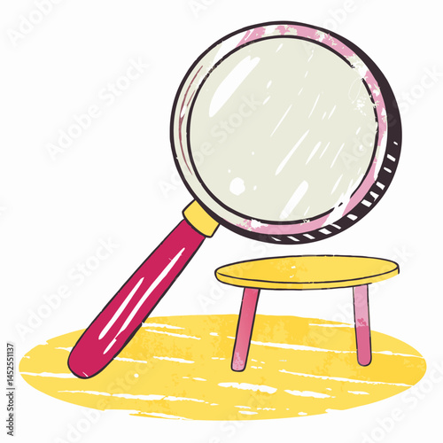 A large magnifying glass leaning on a yellow stool, symbolizing observation, exploration, curiosity, learning, and discovery tools
