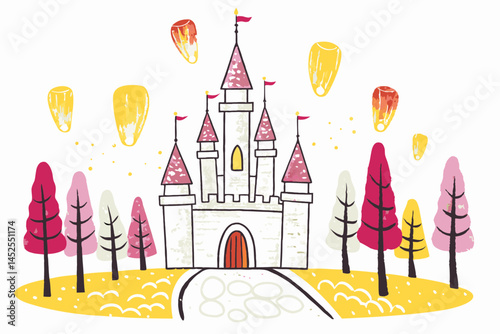A pink fairytale castle with tall towers and flags, surrounded by whimsical trees, symbolizing magical kingdoms, dreams, royalty, and childhood fantasy
