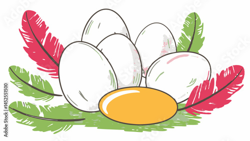 Colorful Eggs and Feathers Representing New Beginnings in a Vibrant Spring Setting
