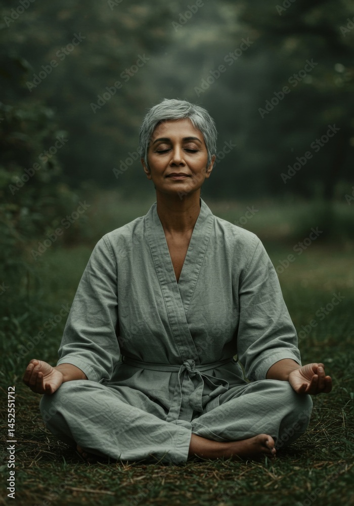 Obraz premium Serene Woman Meditating in Green Forest