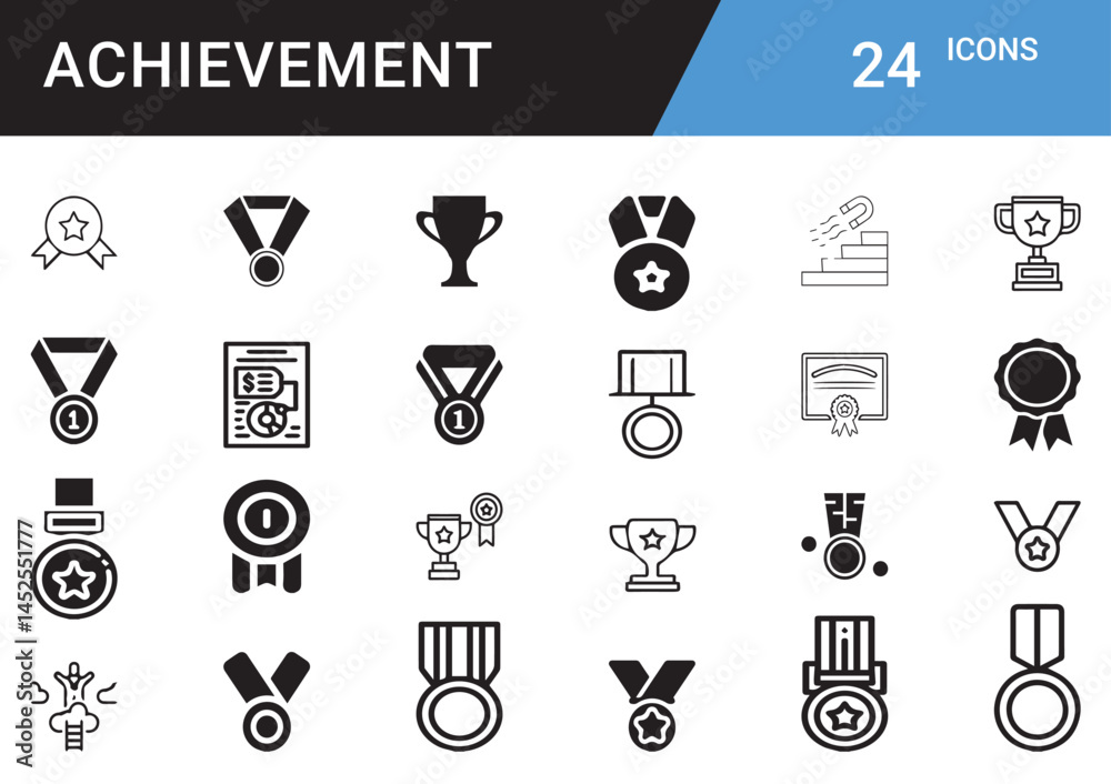 Achievement vector icons set of trophy, medal, badge, ribbon, crown, podium, certificate, success, goal, winner, champion, first place, star, reward, recognition, ambition, milestone editable Set Achievement vector icons set of trophy, medal, badge, ribbon, crown, podium, certificate, success, goal, winner, champion, first place, star, reward, recognition, ambition, milestone editable Set