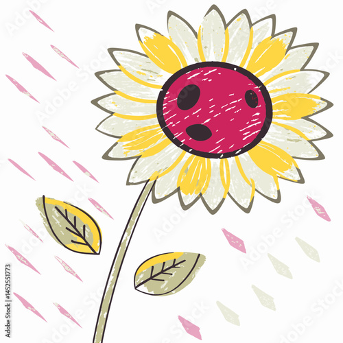 Cheerful sunflower with a smiling face swaying in the rain on a bright background representing positivity and nature's beauty.