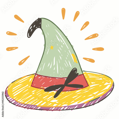 Colorful witch hat illustration radiating whimsical charm against a light background, symbolizing magic and Halloween festivities.