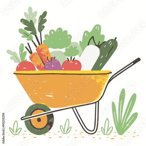 Colorful wheelbarrow filled with fresh vegetables, showcasing a vibrant gardening scene that represents harvest and sustainable living.