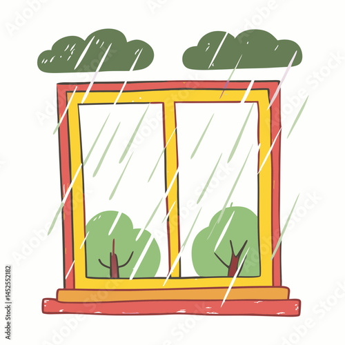 Illustration of a rainy window with green trees, conveying a cozy atmosphere and a sense of nature, representing comfort and solitude.