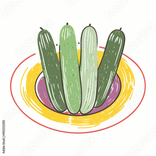 Stylized cucumbers arranged in a vibrant plate showcasing a colorful design, representing freshness and healthy eating.
