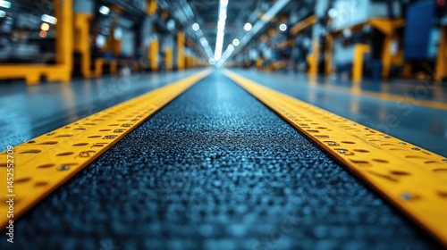 Industrial warehouse interior with yellow safety line, showcasing machinery and depth perspective