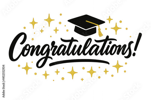 Congratulations lettering with graduation cap, stars isolated on transparent background.