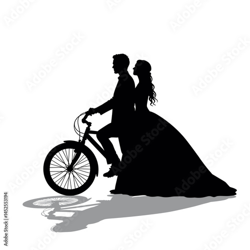 Couple riding bicycle silhouette, black, wedding, invitation design