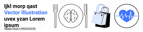 Brain, shopping bag, heartbeat, fork, knife, and plate represent mental, consumer, health and culinary concepts. Ideal for health promotion lifestyle nutrition e-commerce balance mindfulness