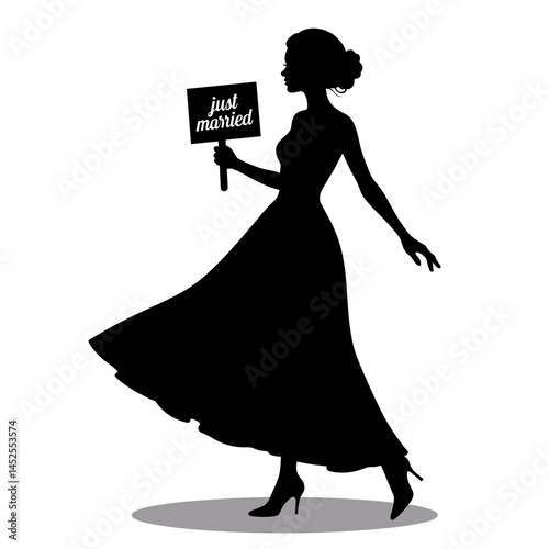 Bride silhouette holding Just Married sign, for wedding invitations
