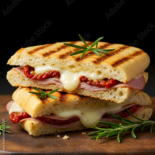 A close up of a stacked panini sandwich with ham, cheese, and tomatoes on a wooden cutting board