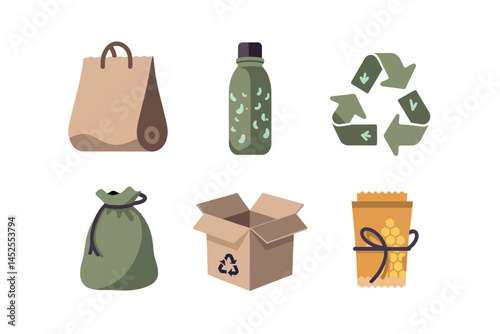 This image showcases various eco-friendly packaging options, including recycled paper, biodegradable materials, recycled cardboard, organic cotton, and beeswax.
