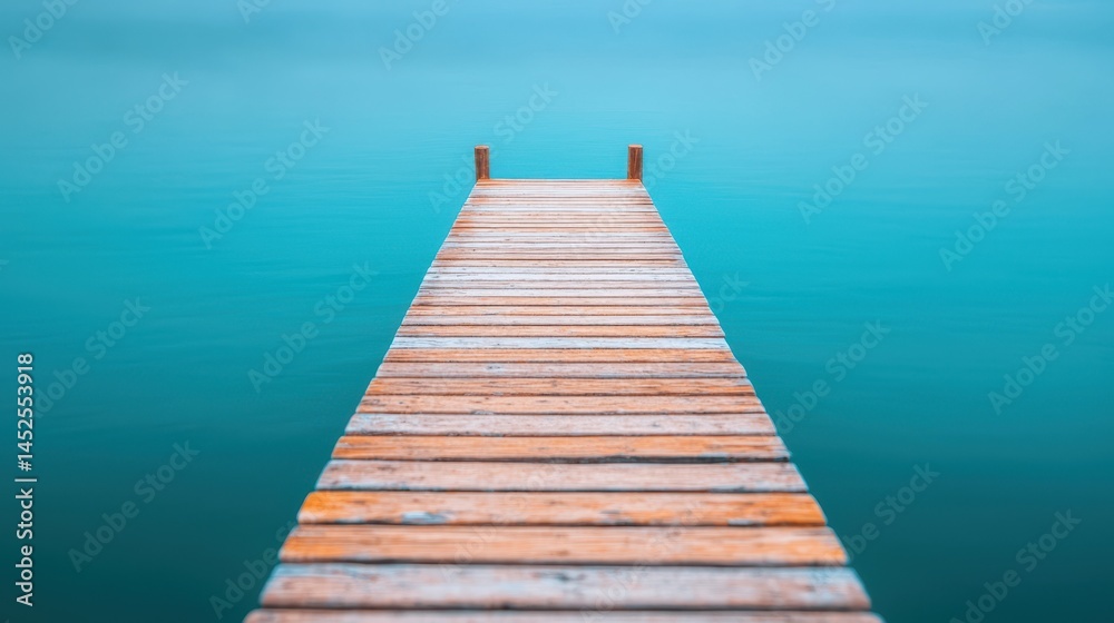 Fototapeta premium Serene Wooden Pier Extending into Calm Turquoise Water Landscape