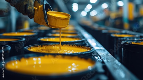 Industrial paint production process featuring bright yellow paint being poured into containers